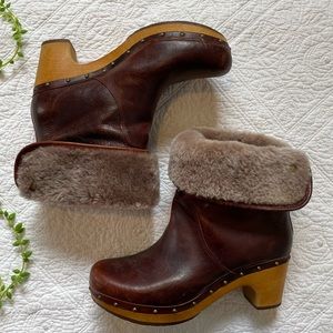 UGG Lynnea Clog Boots with Platform Wood Heel, Sheepskin Lining, Cognac, Size 9